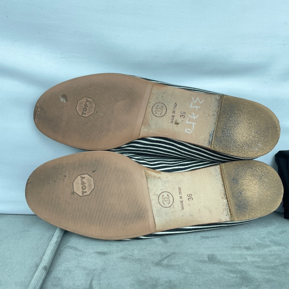 Chanel Striped Cloth Ballet Flats - Black and Beige - Picture 8 of 9